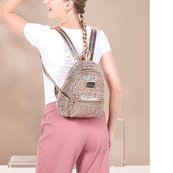 Girls Fashion Rose Gold Sequin Mini Backpack Purse - Picture 3 of 6